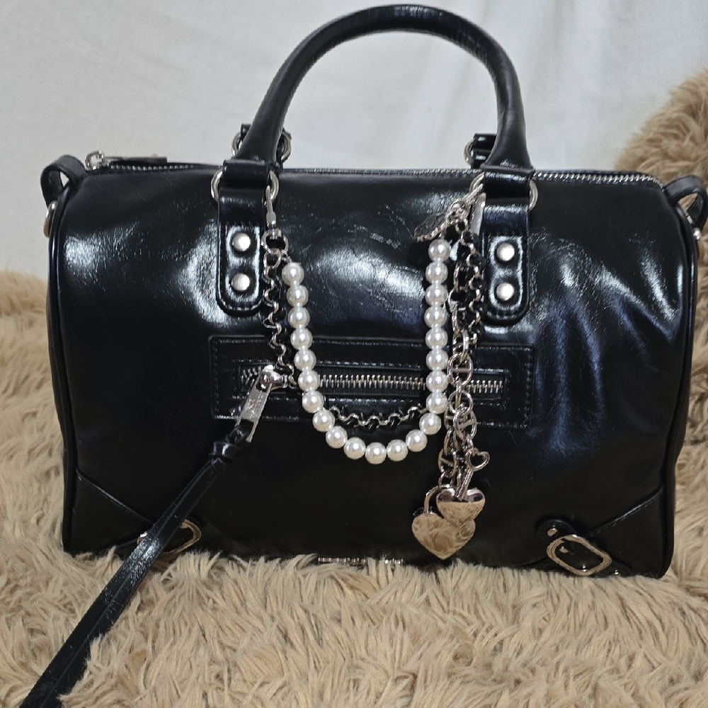 Madden Girl Black Patent Satchel with Pearl Chain & Heart Charm